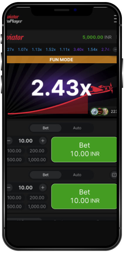 Aviator game app interface screenshot showing flight multiplier